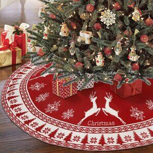 Christmas Tree Skirt, 48 inch Red Knitted Tree Skirt with Snowflake & Reindeer